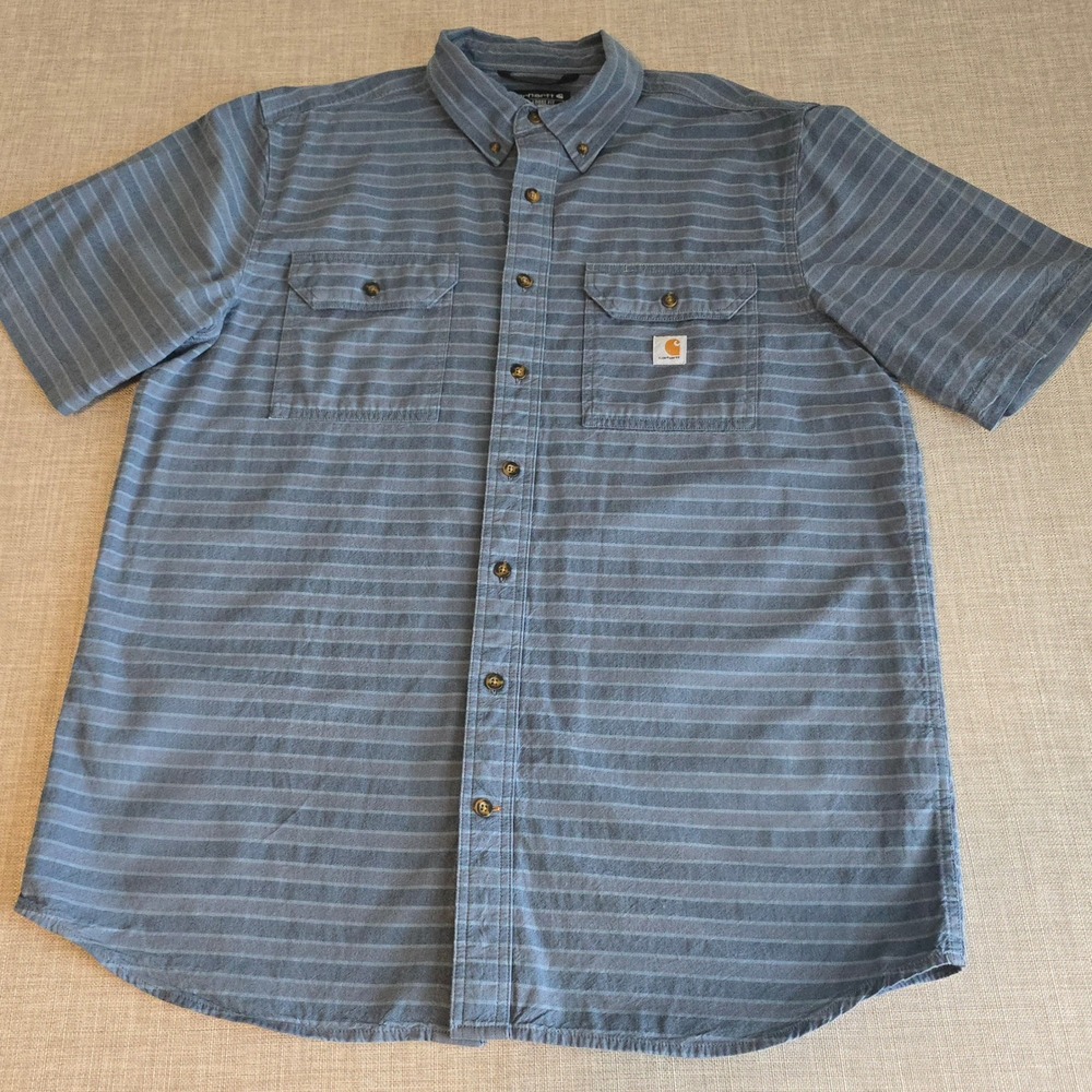 Carhartt Mens Blue Striped Short Sleeve Button Down Shirt Loose Fit L Tall